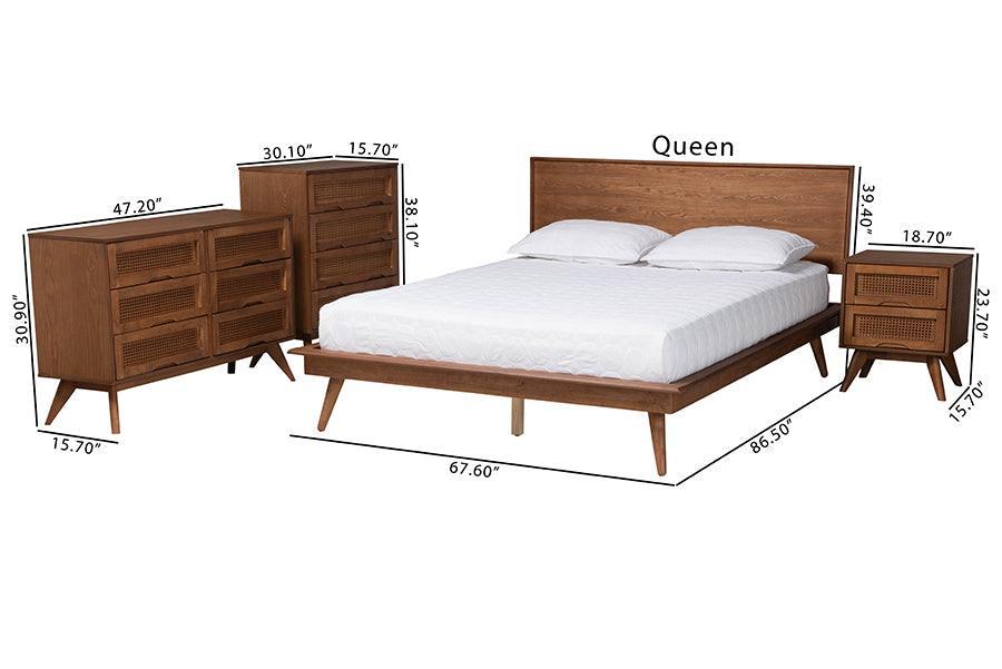 Baxton Studio Melora Mid-Century Modern Walnut Brown Finished Wood and Rattan King Size 4-Piece Bedroom Set FredCo