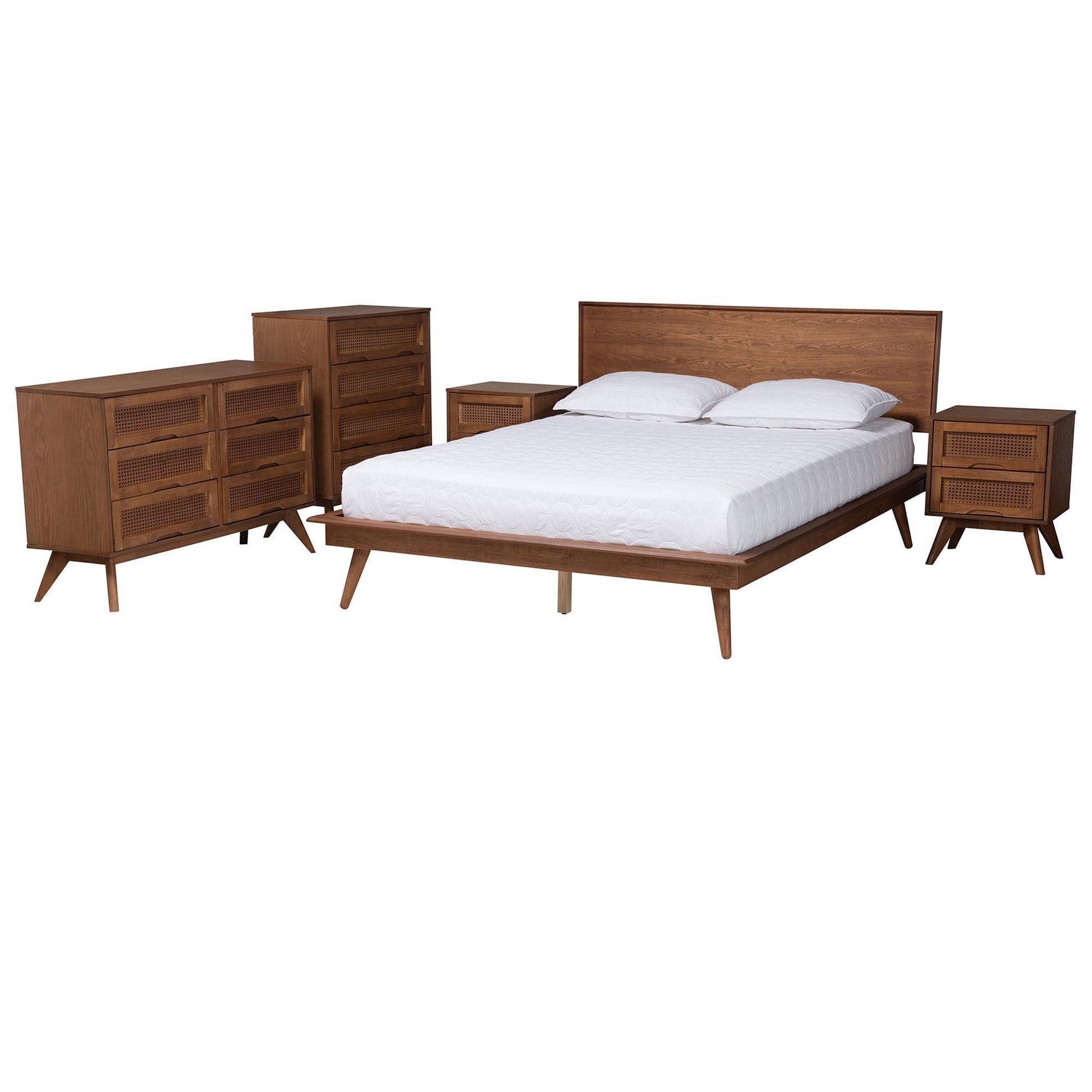 Baxton Studio Melora Mid-Century Modern Walnut Brown Finished Wood and Rattan King Size 5-Piece Bedroom Set FredCo