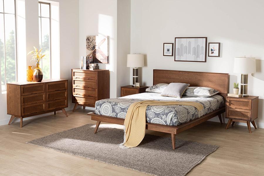 Baxton Studio Melora Mid-Century Modern Walnut Brown Finished Wood and Rattan King Size 5-Piece Bedroom Set FredCo