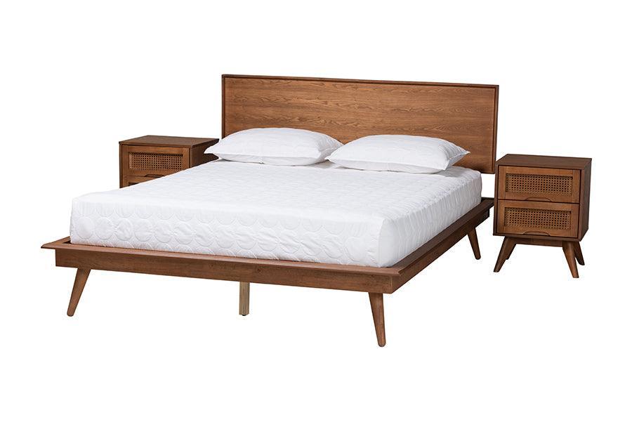 Baxton Studio Melora Mid-Century Modern Walnut Brown Finished Wood and Rattan Queen Size 3-Piece Bedroom Set FredCo