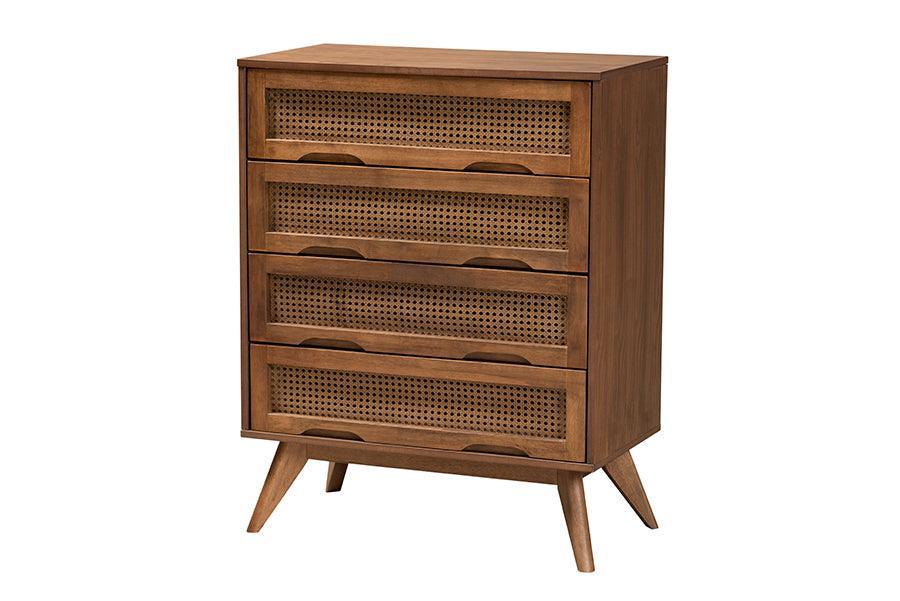 Baxton Studio Melora Mid-Century Modern Walnut Brown Finished Wood and Rattan Queen Size 4-Piece Bedroom Set FredCo