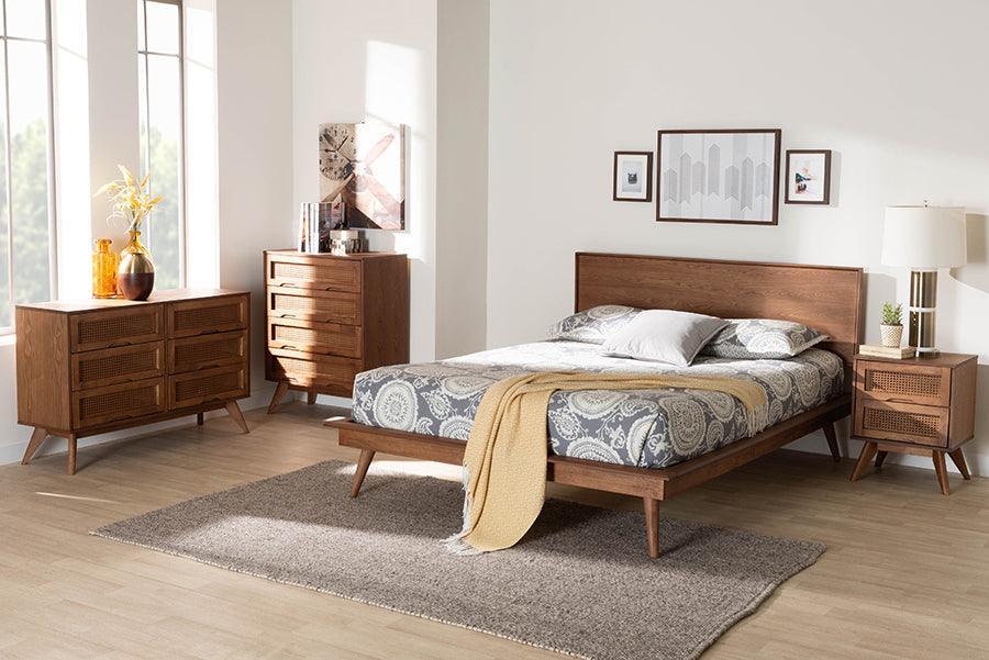 Baxton Studio Melora Mid-Century Modern Walnut Brown Finished Wood and Rattan Queen Size 4-Piece Bedroom Set FredCo
