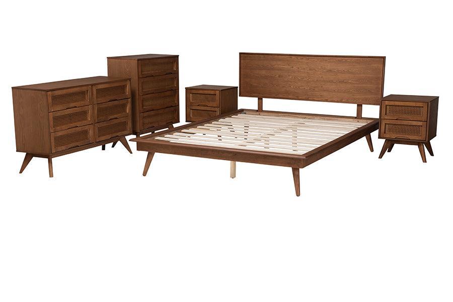 Baxton Studio Melora Mid-Century Modern Walnut Brown Finished Wood and Rattan Queen Size 5-Piece Bedroom Set FredCo