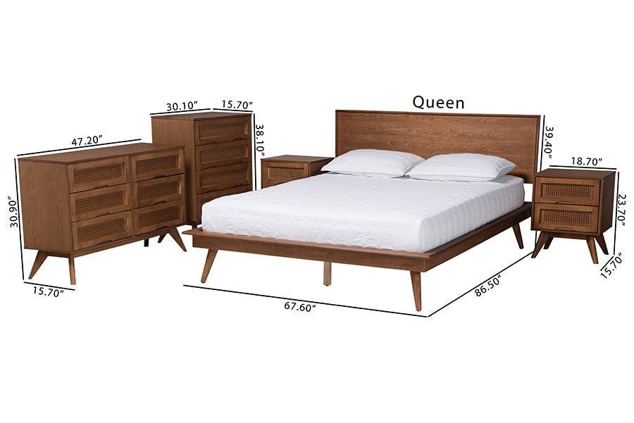 Baxton Studio Melora Mid-Century Modern Walnut Brown Finished Wood and Rattan Queen Size 5-Piece Bedroom Set FredCo