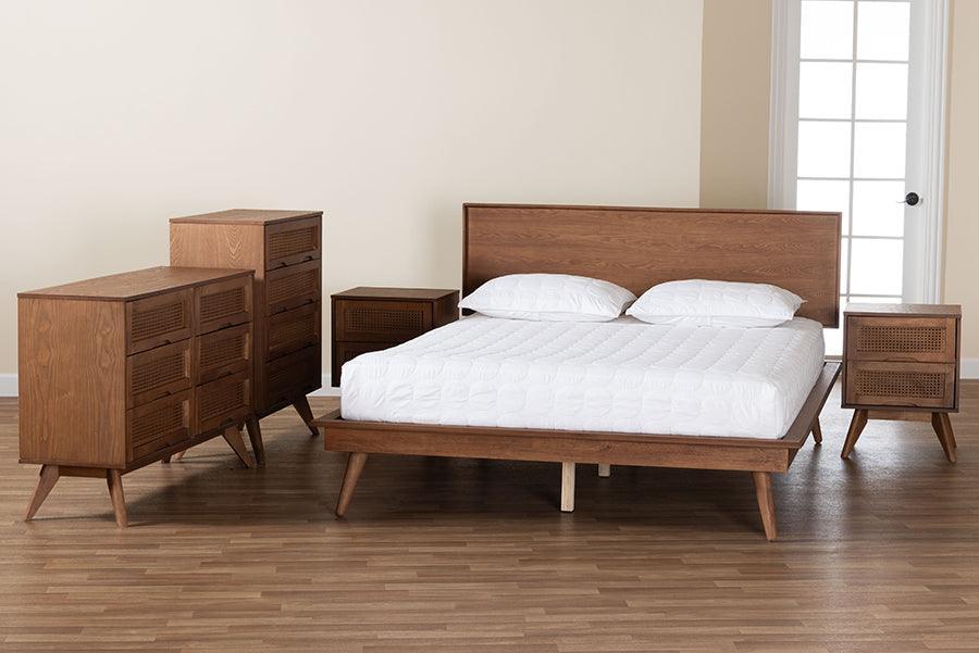 Baxton Studio Melora Mid-Century Modern Walnut Brown Finished Wood and Rattan Queen Size 5-Piece Bedroom Set FredCo