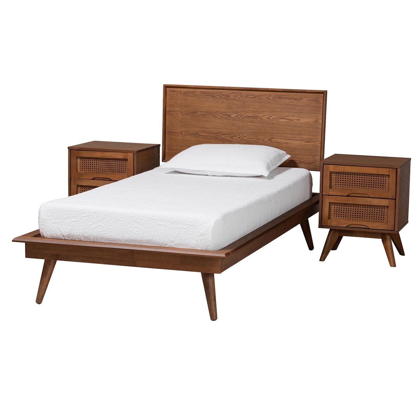Baxton Studio Melora Mid-Century Modern Walnut Brown Finished Wood and Rattan Twin Size 3-Piece Bedroom Set FredCo