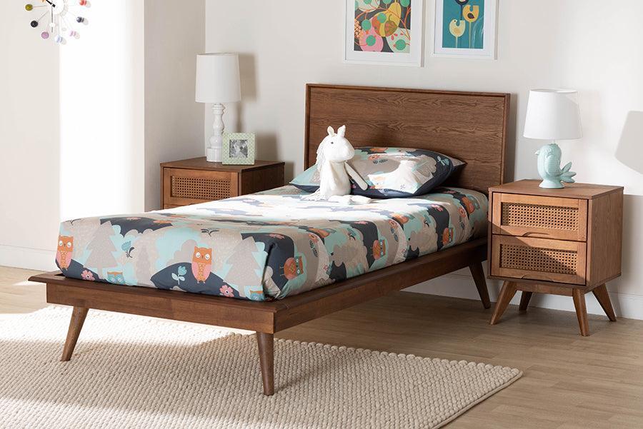 Baxton Studio Melora Mid-Century Modern Walnut Brown Finished Wood and Rattan Twin Size 3-Piece Bedroom Set FredCo