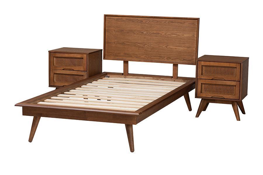 Baxton Studio Melora Mid-Century Modern Walnut Brown Finished Wood and Rattan Twin Size 3-Piece Bedroom Set FredCo