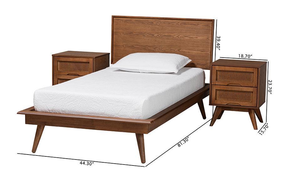 Baxton Studio Melora Mid-Century Modern Walnut Brown Finished Wood and Rattan Twin Size 3-Piece Bedroom Set FredCo