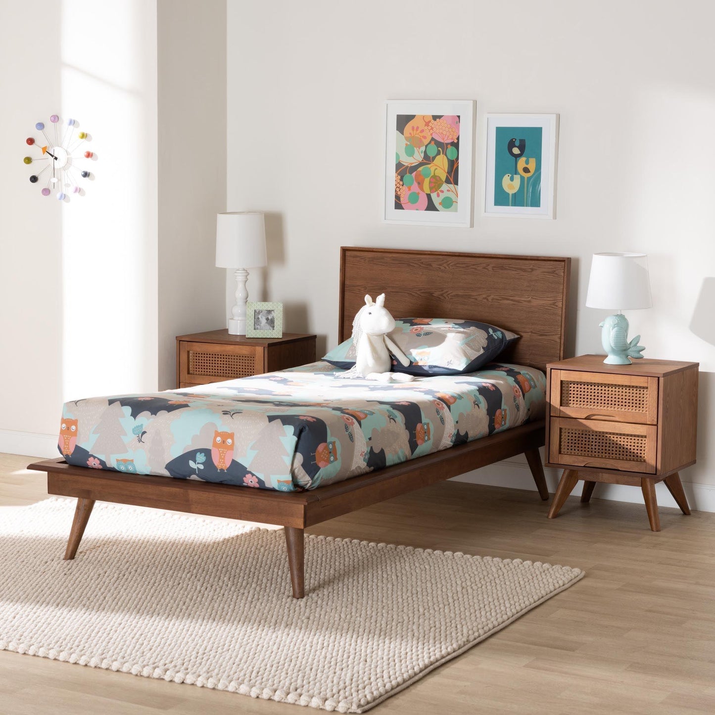 Baxton Studio Melora Mid-Century Modern Walnut Brown Finished Wood and Rattan Twin Size 3-Piece Bedroom Set FredCo