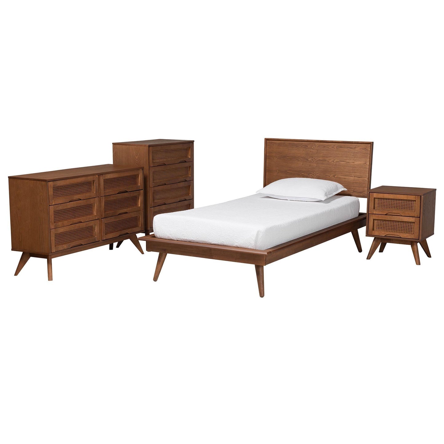 Baxton Studio Melora Mid-Century Modern Walnut Brown Finished Wood and Rattan Twin Size 4-Piece Bedroom Set FredCo