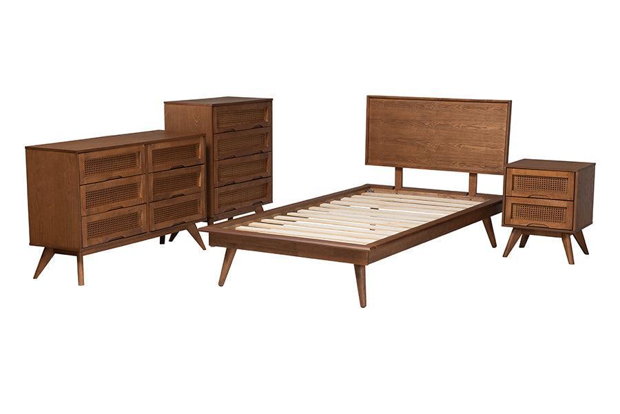 Baxton Studio Melora Mid-Century Modern Walnut Brown Finished Wood and Rattan Twin Size 4-Piece Bedroom Set FredCo
