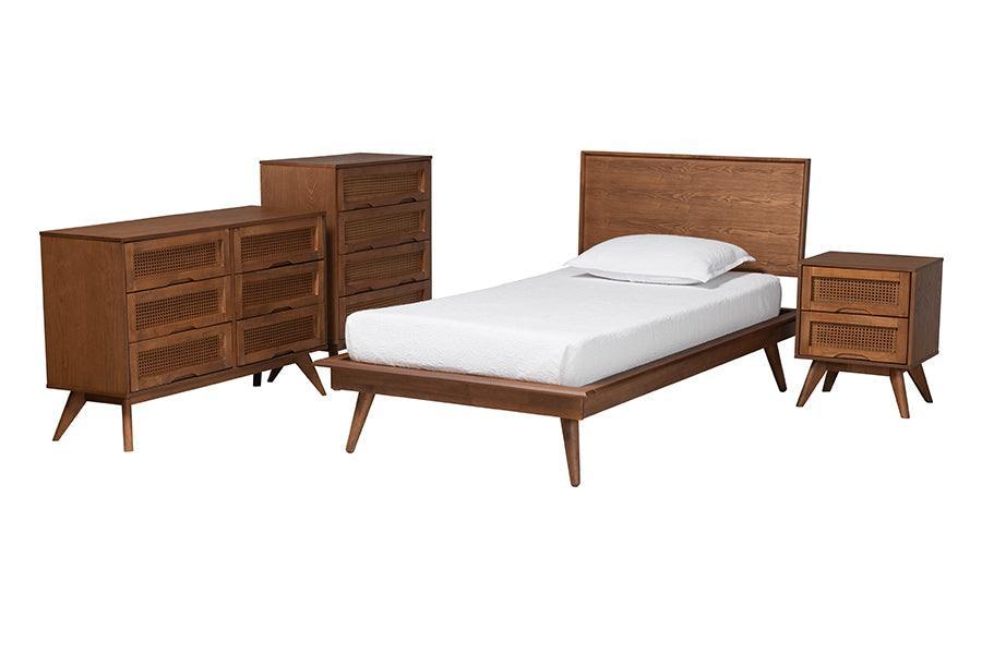Baxton Studio Melora Mid-Century Modern Walnut Brown Finished Wood and Rattan Twin Size 4-Piece Bedroom Set FredCo