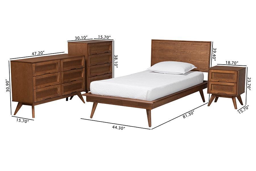 Baxton Studio Melora Mid-Century Modern Walnut Brown Finished Wood and Rattan Twin Size 4-Piece Bedroom Set FredCo