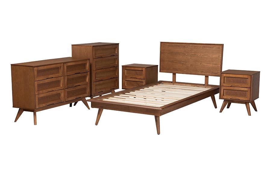 Baxton Studio Melora Mid-Century Modern Walnut Brown Finished Wood and Rattan Twin Size 5-Piece Bedroom Set FredCo