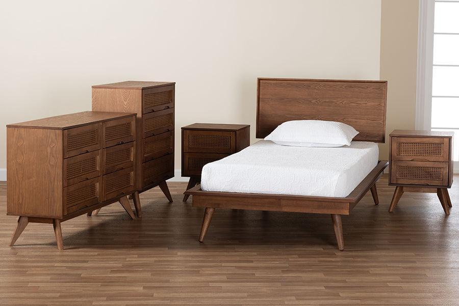 Baxton Studio Melora Mid-Century Modern Walnut Brown Finished Wood and Rattan Twin Size 5-Piece Bedroom Set FredCo
