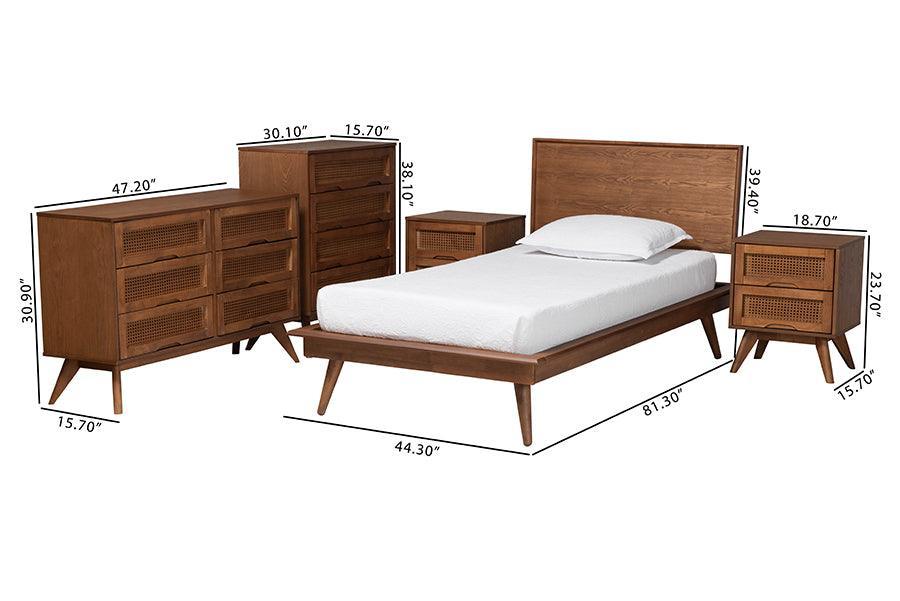 Baxton Studio Melora Mid-Century Modern Walnut Brown Finished Wood and Rattan Twin Size 5-Piece Bedroom Set FredCo