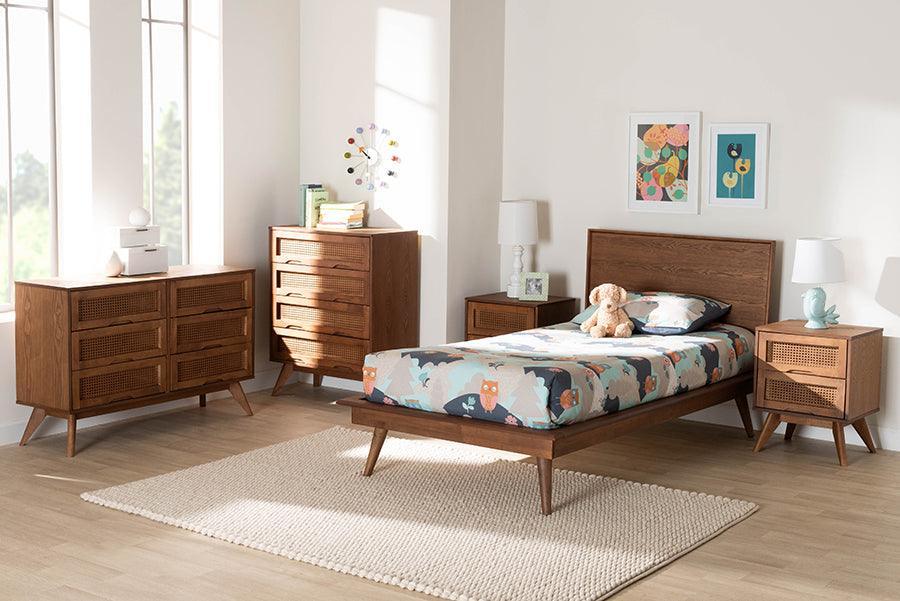 Baxton Studio Melora Mid-Century Modern Walnut Brown Finished Wood and Rattan Twin Size 5-Piece Bedroom Set FredCo