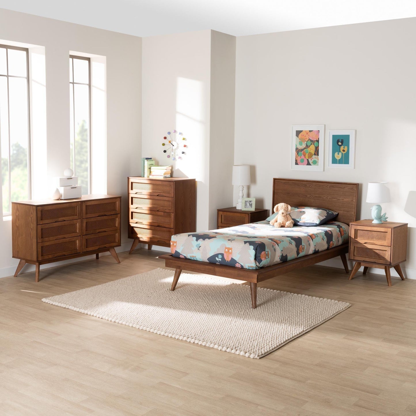 Baxton Studio Melora Mid-Century Modern Walnut Brown Finished Wood and Rattan Twin Size 5-Piece Bedroom Set FredCo