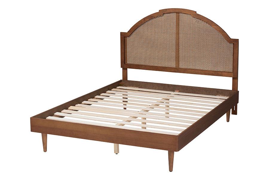 Baxton Studio Mendel Mid-Century Walnut Brown Wood and Rattan King Size Platform Bed FredCo
