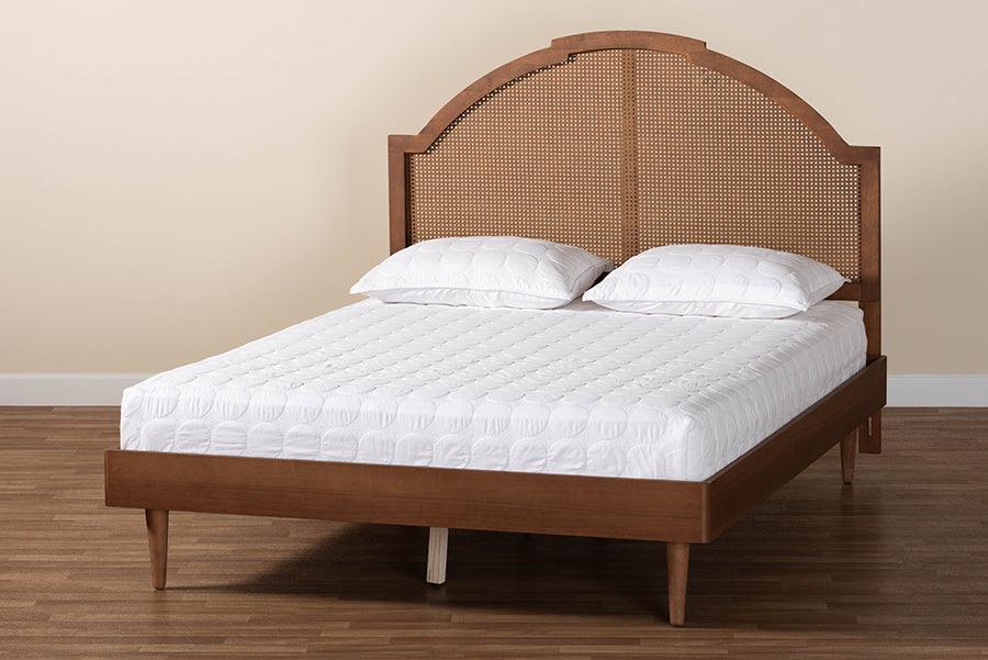 Baxton Studio Mendel Mid-Century Walnut Brown Wood and Rattan Queen Size Platform Bed FredCo