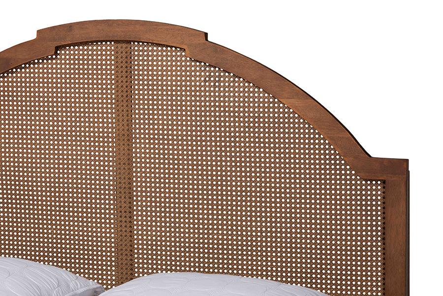 Baxton Studio Mendel Mid-Century Walnut Brown Wood and Rattan Queen Size Platform Bed FredCo