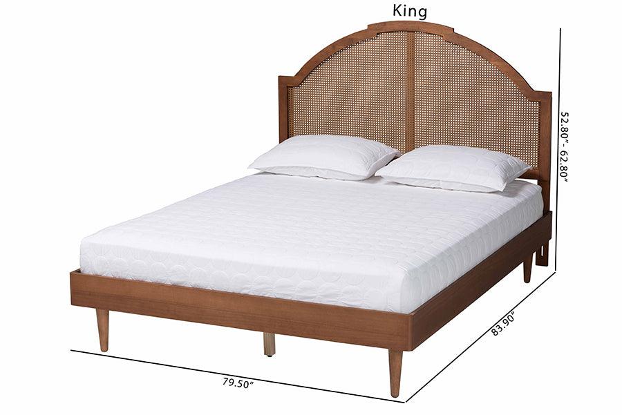 Baxton Studio Mendel Mid-Century Walnut Brown Wood and Rattan Queen Size Platform Bed FredCo