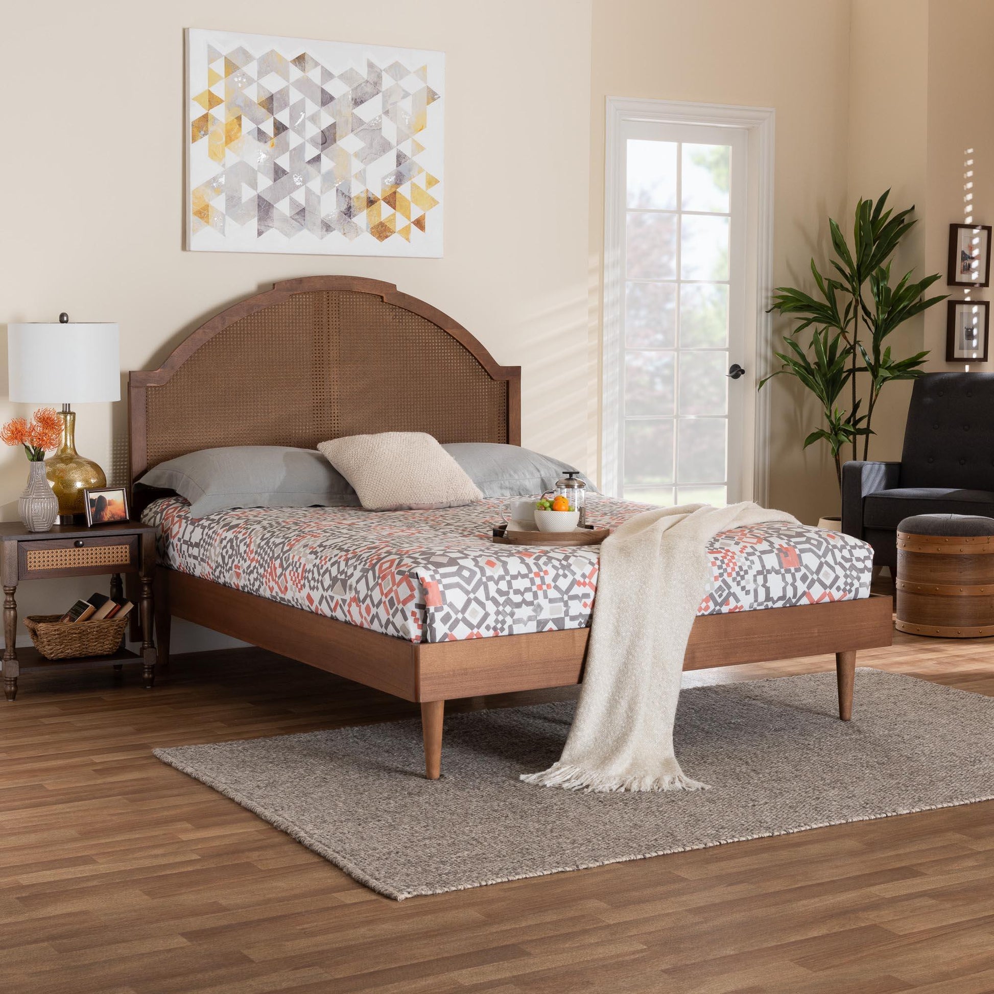 Baxton Studio Mendel Mid-Century Walnut Brown Wood and Rattan Queen Size Platform Bed FredCo