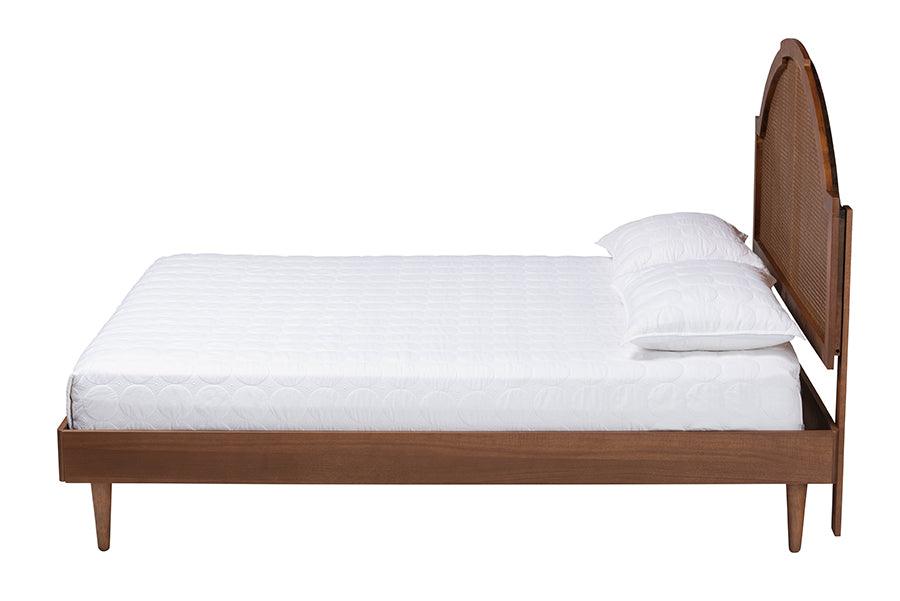 Baxton Studio Mendel Mid-Century Walnut Brown Wood and Rattan Queen Size Platform Bed FredCo