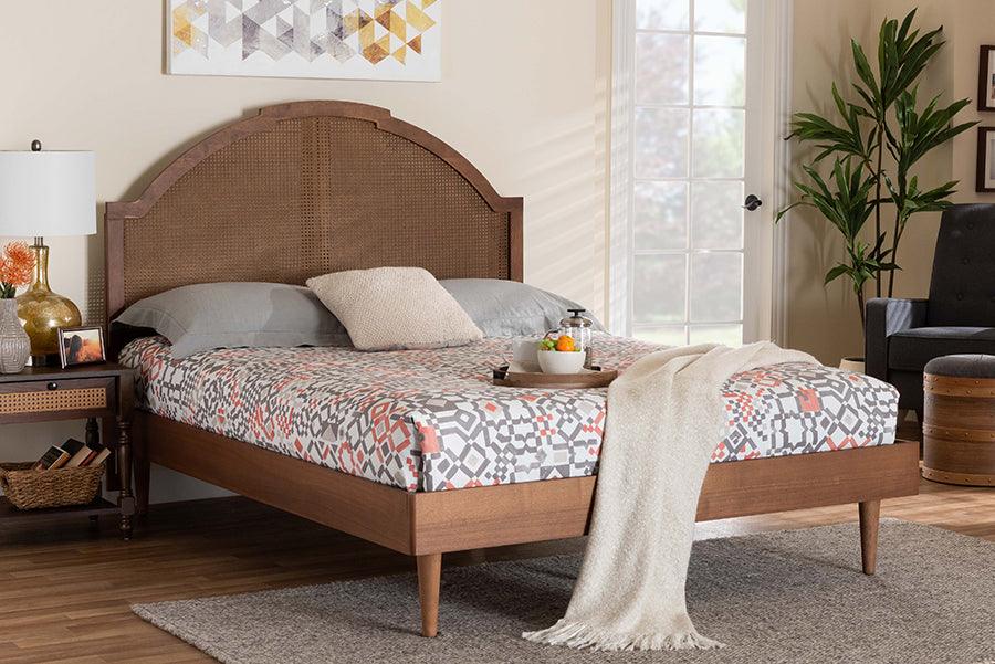 Baxton Studio Mendel Mid-Century Walnut Brown Wood and Rattan Queen Size Platform Bed FredCo