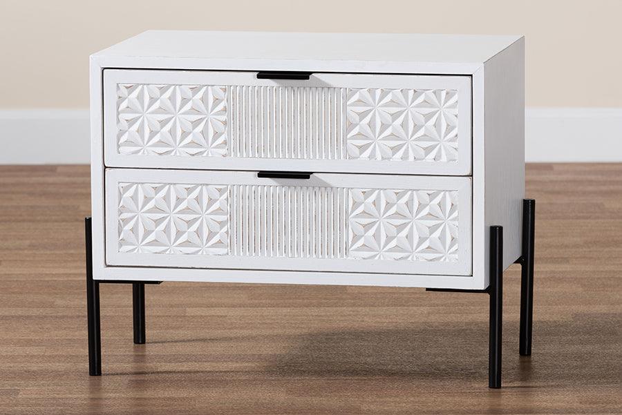 Baxton Studio Merryn Mid-Century Transitional Distressed White Finished Wood and Black Metal 2-Drawer Storage Cabinet FredCo