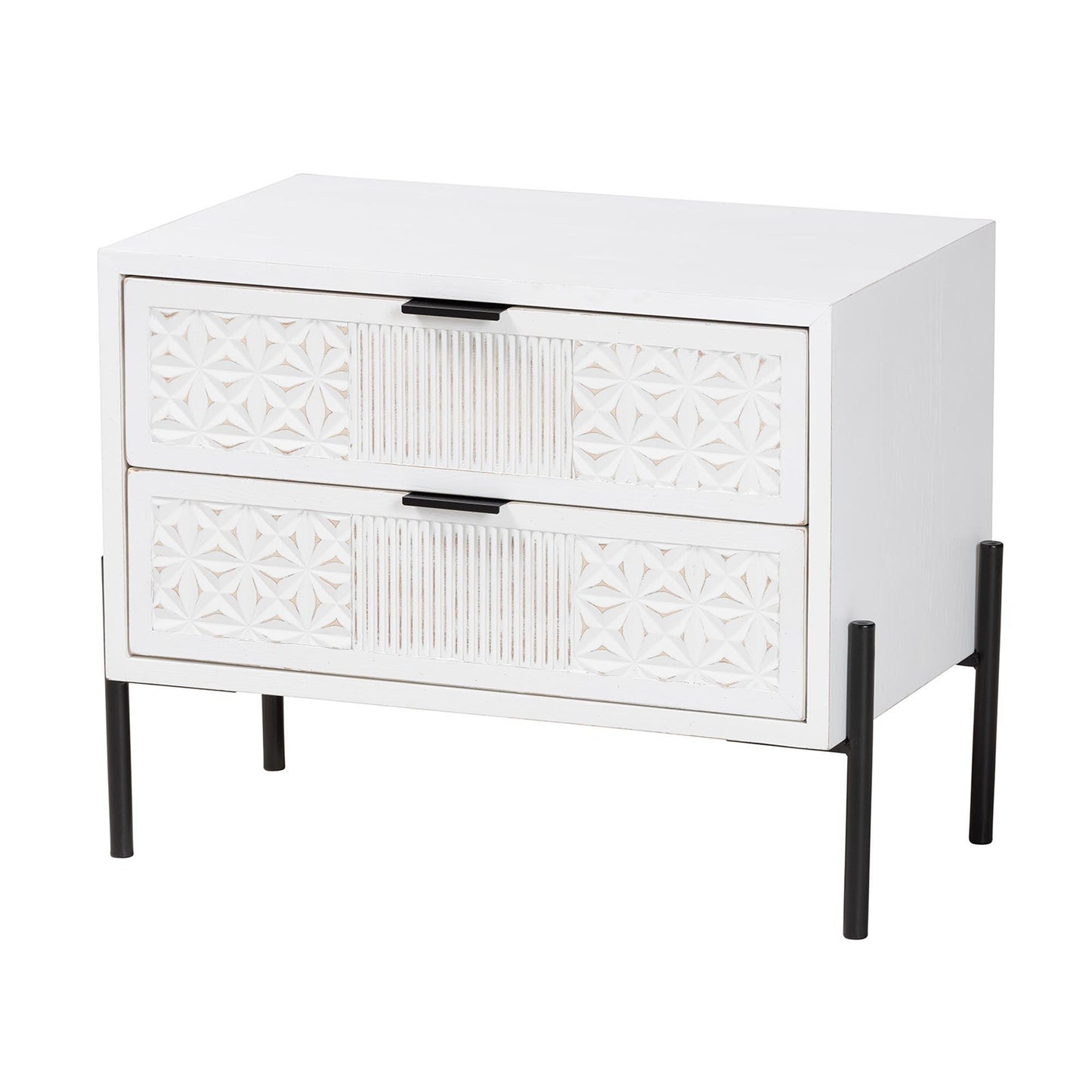 Baxton Studio Merryn Mid-Century Transitional Distressed White Finished Wood and Black Metal 2-Drawer Storage Cabinet FredCo