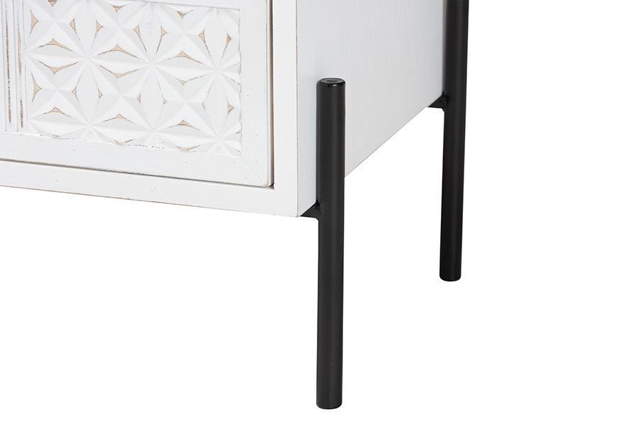 Baxton Studio Merryn Mid-Century Transitional Distressed White Finished Wood and Black Metal 2-Drawer Storage Cabinet FredCo