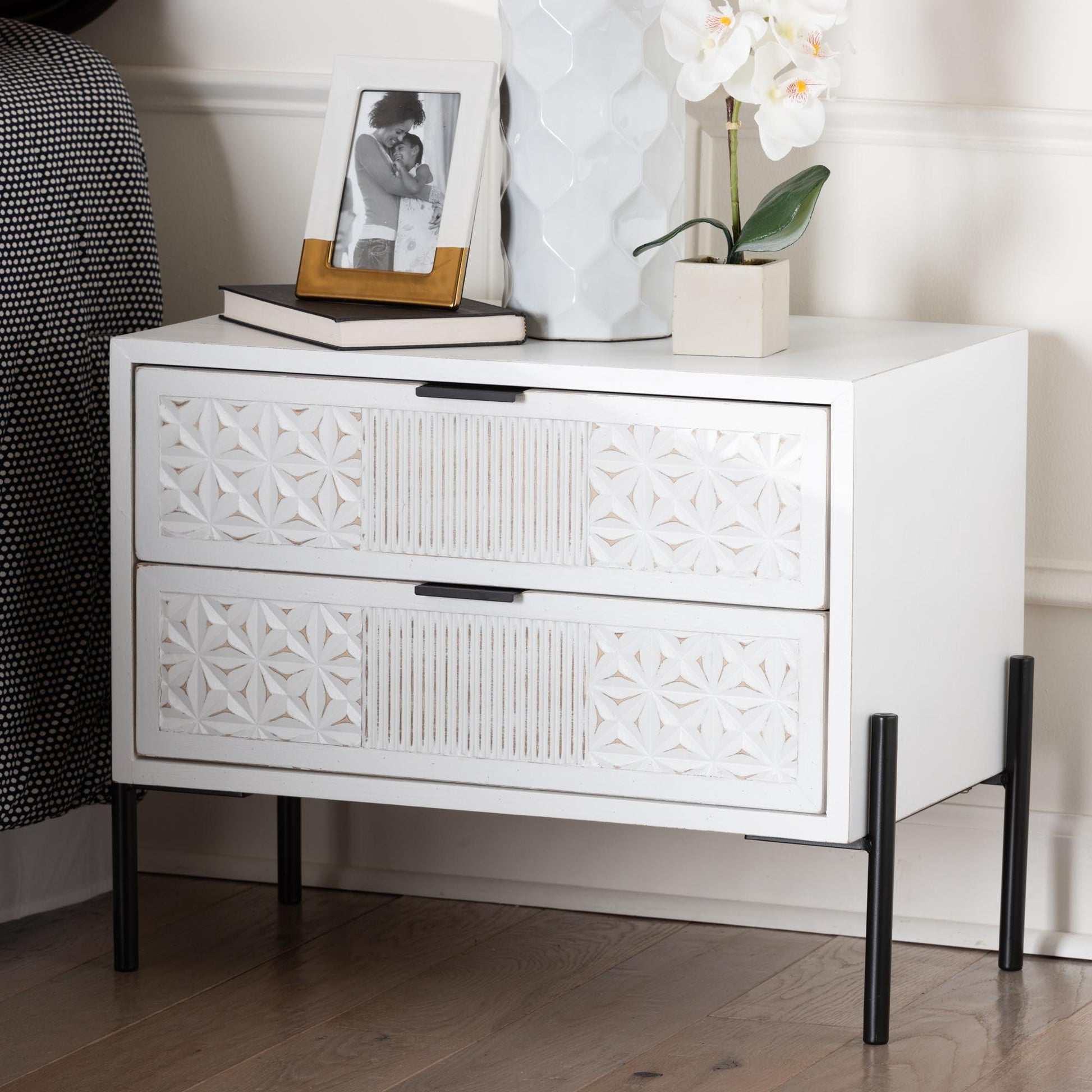 Baxton Studio Merryn Mid-Century Transitional Distressed White Finished Wood and Black Metal 2-Drawer Storage Cabinet FredCo