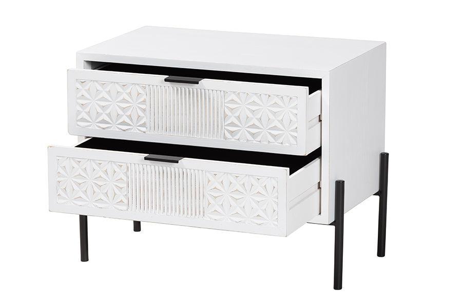 Baxton Studio Merryn Mid-Century Transitional Distressed White Finished Wood and Black Metal 2-Drawer Storage Cabinet FredCo