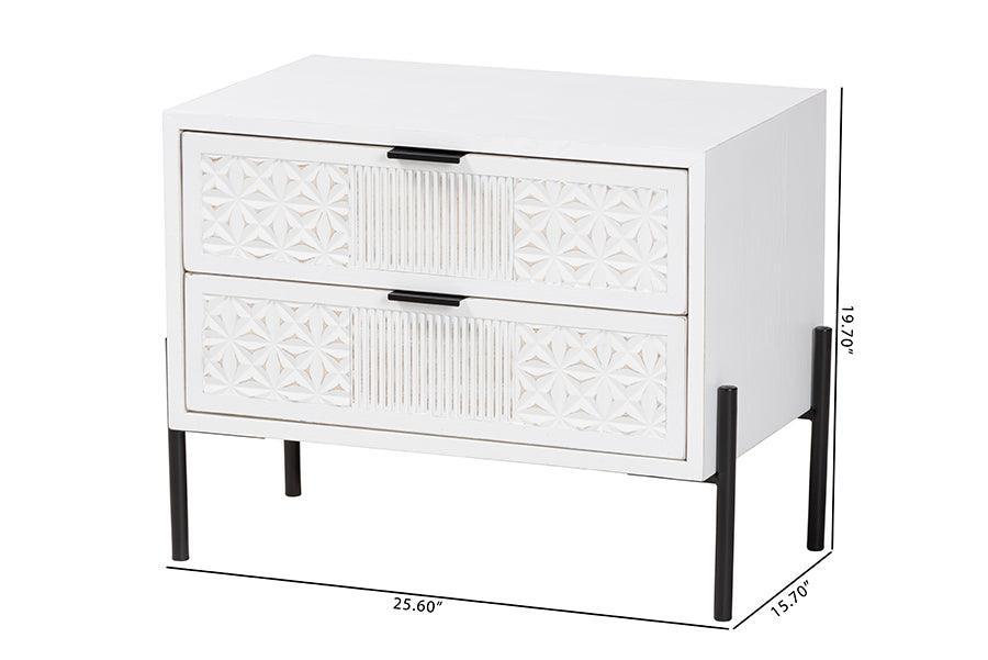 Baxton Studio Merryn Mid-Century Transitional Distressed White Finished Wood and Black Metal 2-Drawer Storage Cabinet FredCo
