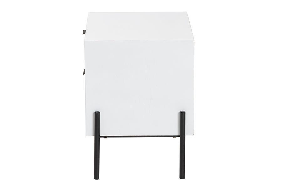 Baxton Studio Merryn Mid-Century Transitional Distressed White Finished Wood and Black Metal 2-Drawer Storage Cabinet FredCo