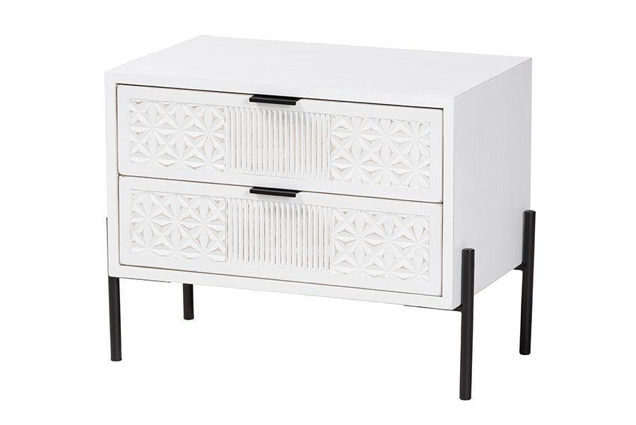 Baxton Studio Merryn Mid-Century Transitional Distressed White Finished Wood and Black Metal 2-Drawer Storage Cabinet FredCo