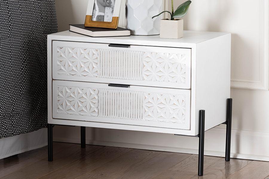 Baxton Studio Merryn Mid-Century Transitional Distressed White Finished Wood and Black Metal 2-Drawer Storage Cabinet FredCo