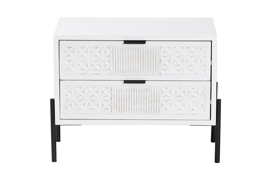 Baxton Studio Merryn Mid-Century Transitional Distressed White Finished Wood and Black Metal 2-Drawer Storage Cabinet FredCo
