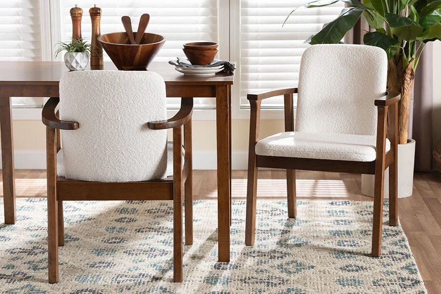 Baxton Studio Miyagi Boucle Upholstered Dining Chair Set of 2- Mid-Century Modern Armchair with Solid Wood Frame and Rounded Backrest, Walnut Brown and White FredCo