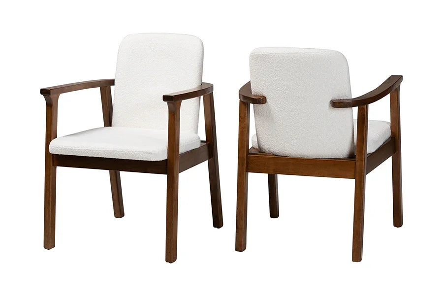 Baxton Studio Miyagi Boucle Upholstered Dining Chair Set of 2- Mid-Century Modern Armchair with Solid Wood Frame and Rounded Backrest, Walnut Brown and White FredCo