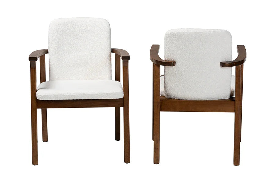 Baxton Studio Miyagi Boucle Upholstered Dining Chair Set of 2- Mid-Century Modern Armchair with Solid Wood Frame and Rounded Backrest, Walnut Brown and White FredCo
