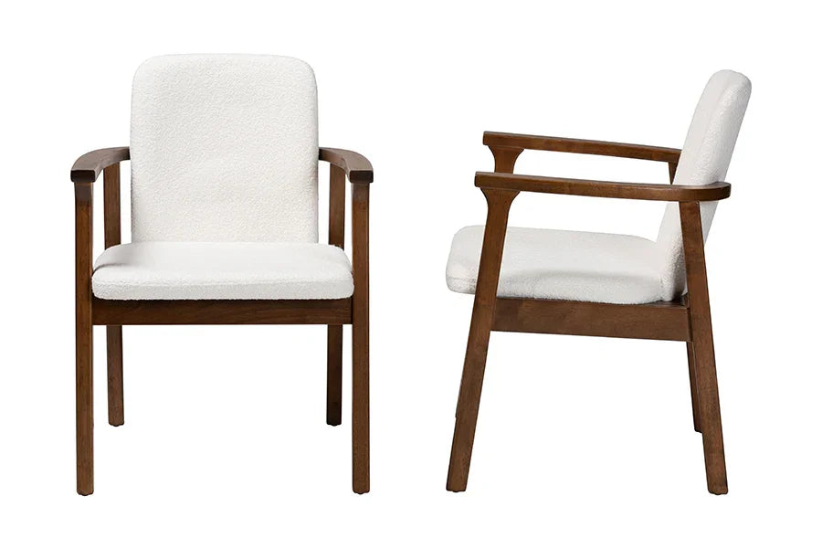Baxton Studio Miyagi Boucle Upholstered Dining Chair Set of 2- Mid-Century Modern Armchair with Solid Wood Frame and Rounded Backrest, Walnut Brown and White FredCo