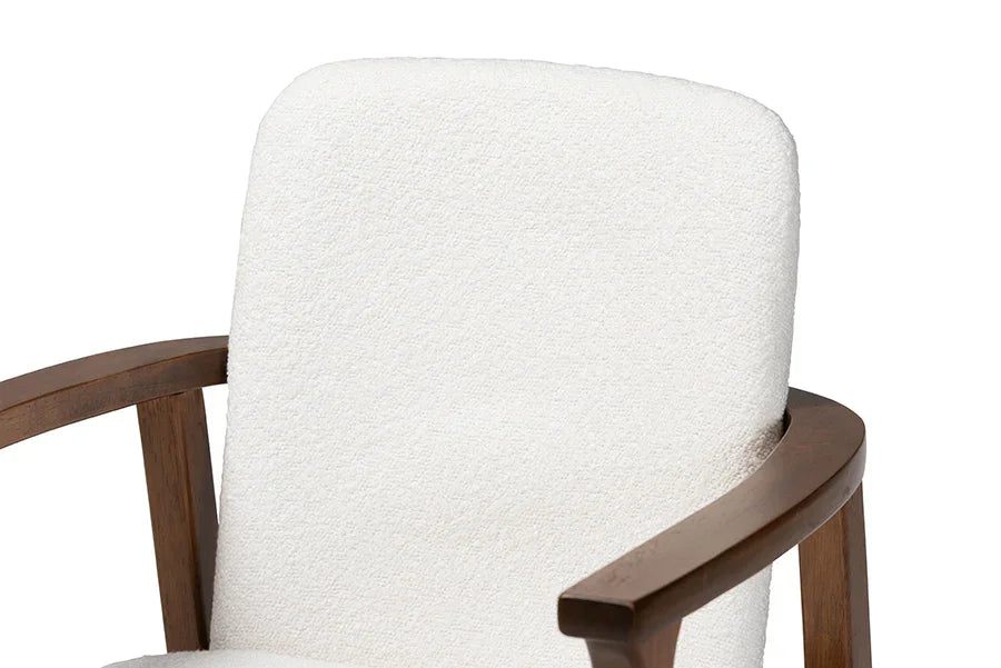 Baxton Studio Miyagi Boucle Upholstered Dining Chair Set of 2- Mid-Century Modern Armchair with Solid Wood Frame and Rounded Backrest, Walnut Brown and White FredCo