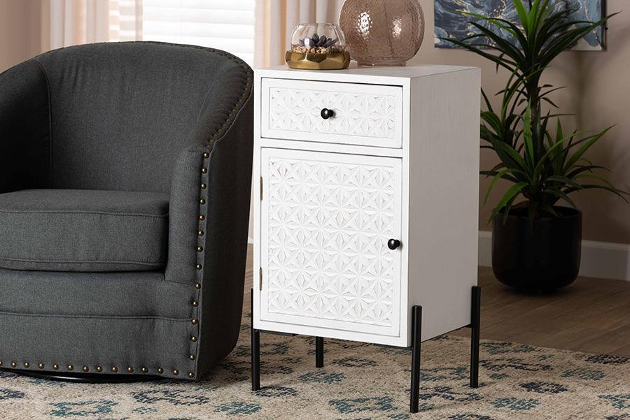 Baxton Studio Nefeli Mid-Century Transitional White Finished Wood and Black Metal 1-Drawer Storage Cabinet FredCo