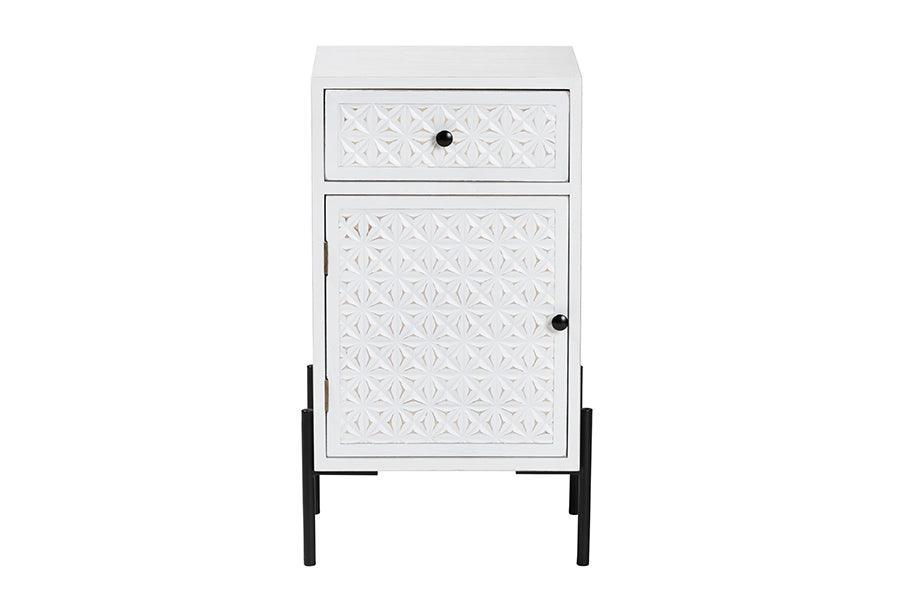 Baxton Studio Nefeli Mid-Century Transitional White Finished Wood and Black Metal 1-Drawer Storage Cabinet FredCo