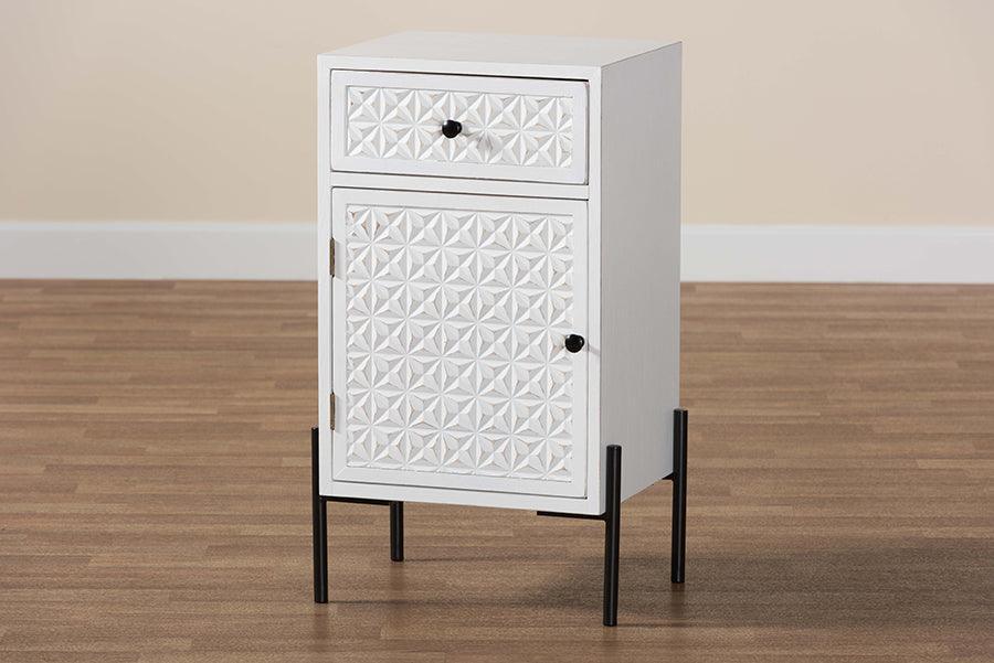 Baxton Studio Nefeli Mid-Century Transitional White Finished Wood and Black Metal 1-Drawer Storage Cabinet FredCo