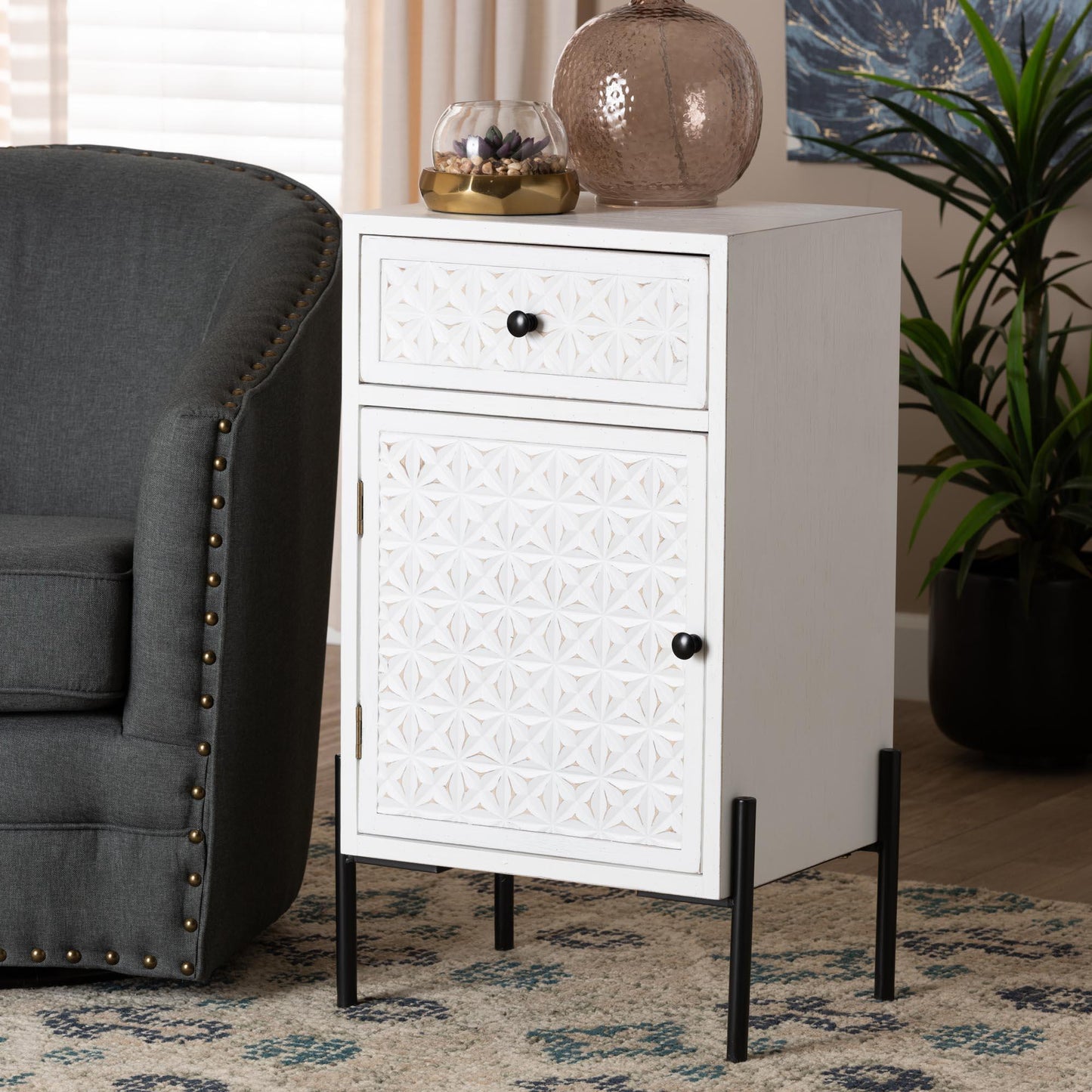Baxton Studio Nefeli Mid-Century Transitional White Finished Wood and Black Metal 1-Drawer Storage Cabinet FredCo