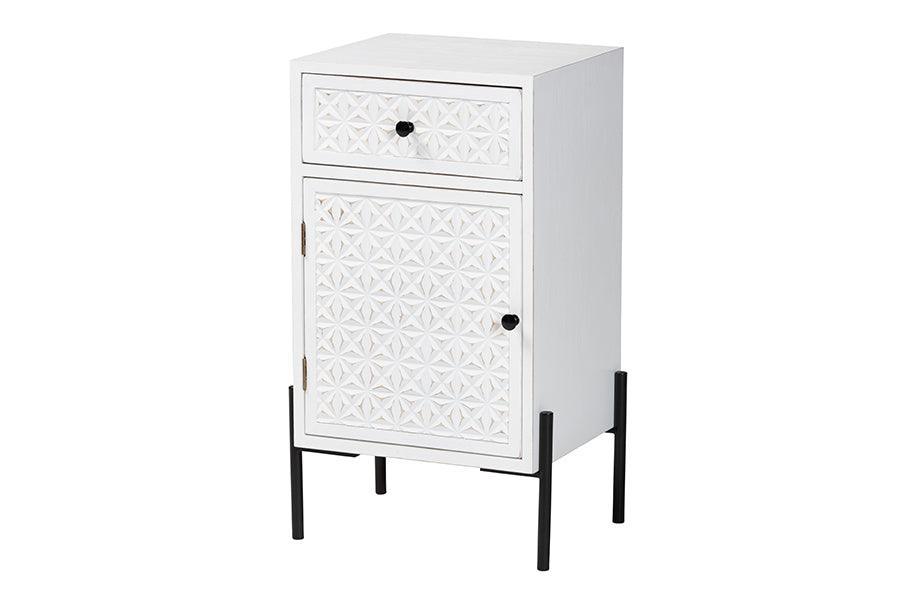 Baxton Studio Nefeli Mid-Century Transitional White Finished Wood and Black Metal 1-Drawer Storage Cabinet FredCo